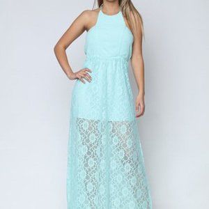 Light Blue Open back halter lace Maxi dress